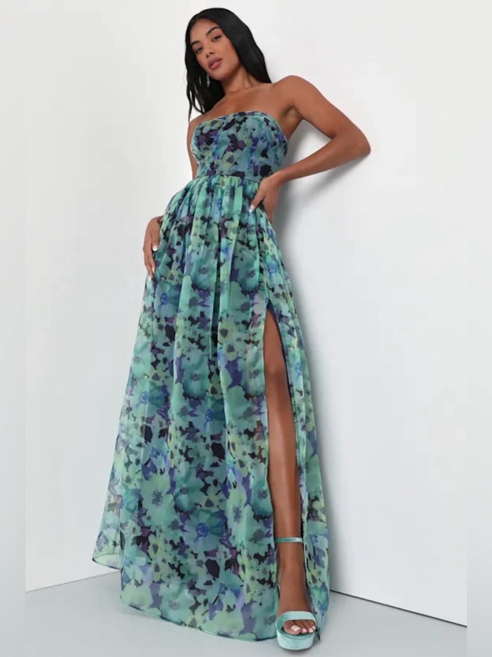 Lulus NWT Wonderful Waltz Green Floral Print Strapless Bustier Maxi Dress